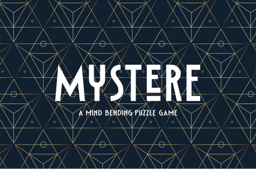 back Mystere puzzle game logo with geometric gold pattern on dark blue background - mind bending puzzle game title