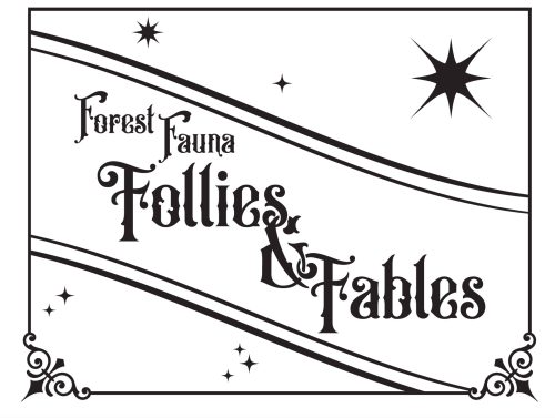 logo Forest Fauna Follies & Fables vintage-style book cover design with decorative stars and ornamental corner flourishes