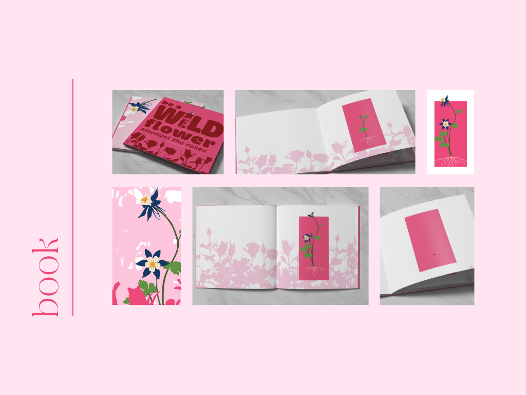 10 Pink floral book design with Field Flower cover and botanical illustrations spread across multiple pages in layout view
