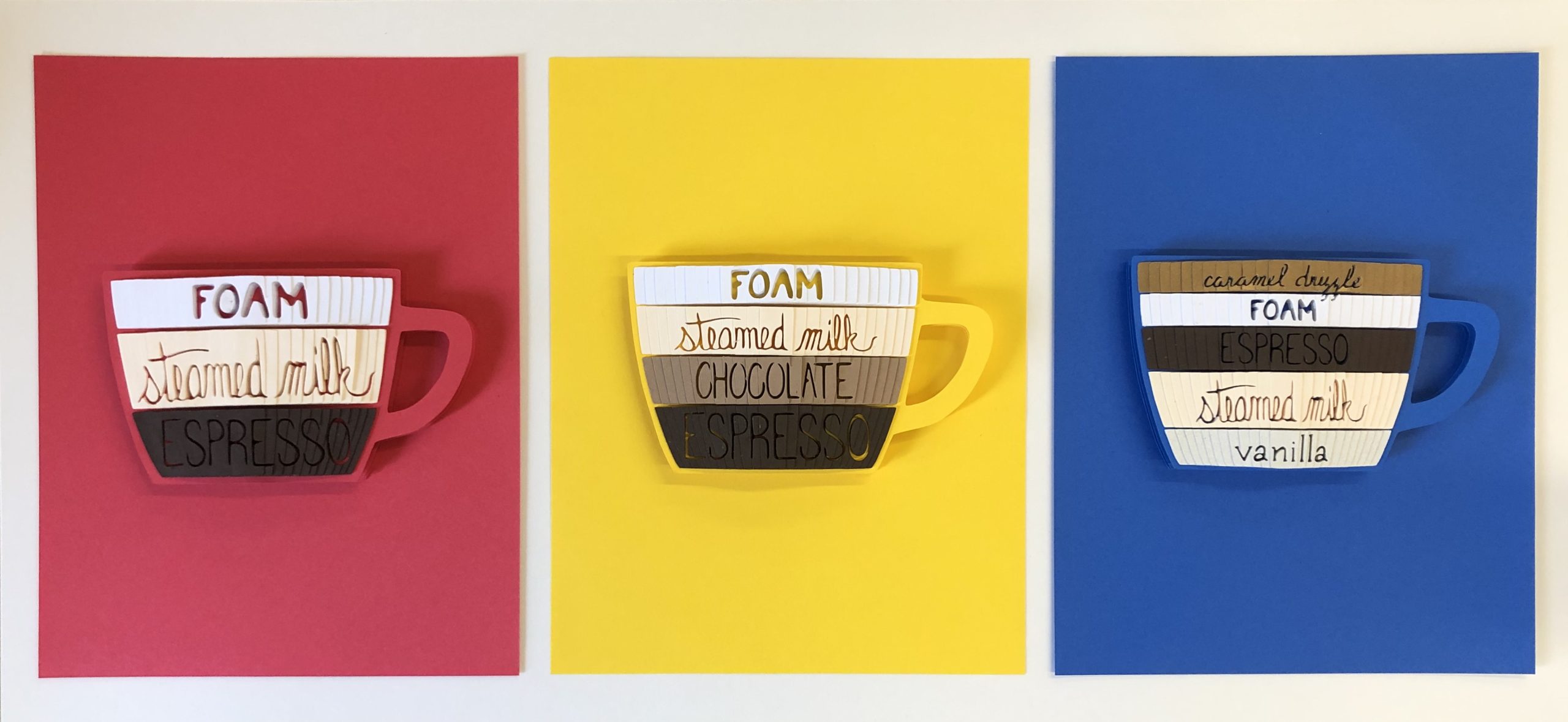 1A988FD8-06FB-4AA2-BF3C-297ADE1777A0_1_201_a Three colorful coffee cup diagrams showing layered ingredients for cappuccino, mocha, and vanilla latte recipes
