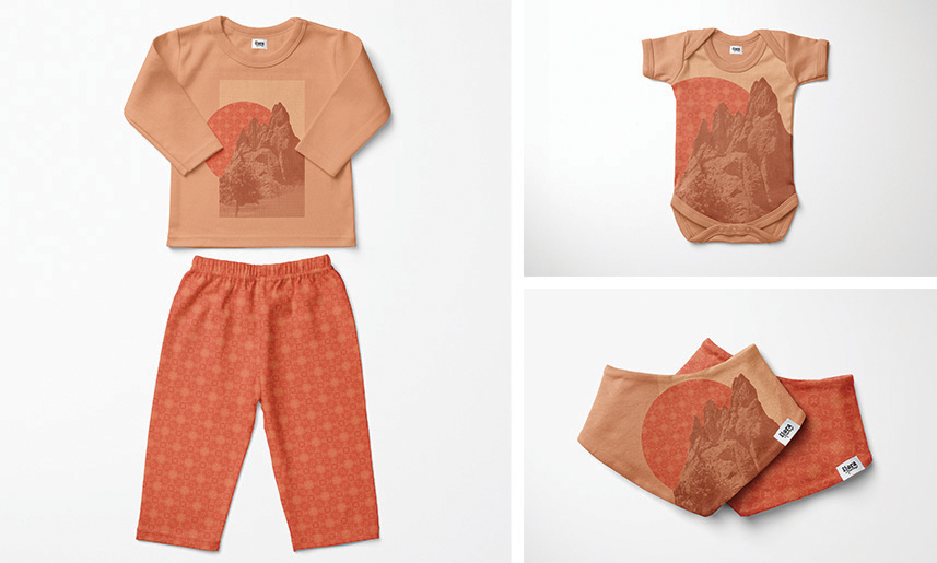 1_FloraFarrow Orange rabbit-themed baby clothing set with long sleeve shirt, pants, onesie and bibs in matching earth tones