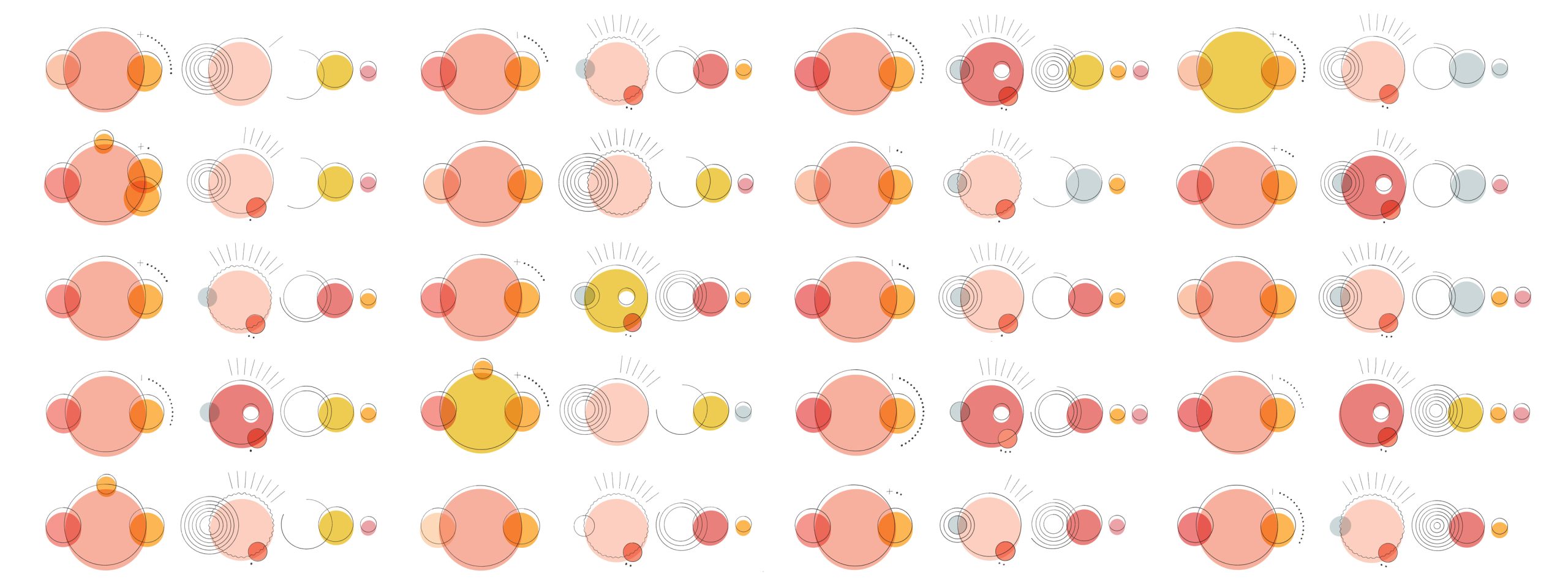 2_Banner Colorful diagram showing multiple rows of celestial bodies and planetary systems with various sized circles in red, yellow, and gray tones.