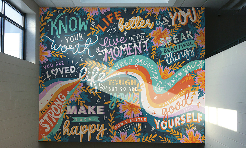 2_Mural Colorful motivational wall mural with inspirational quotes including Know your worth and You are loved in office space