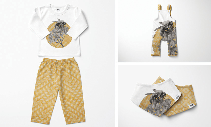 3_FloraFarrow Mustard yellow and white baby clothing set with tree design - long sleeve top and patterned pants displayed flat