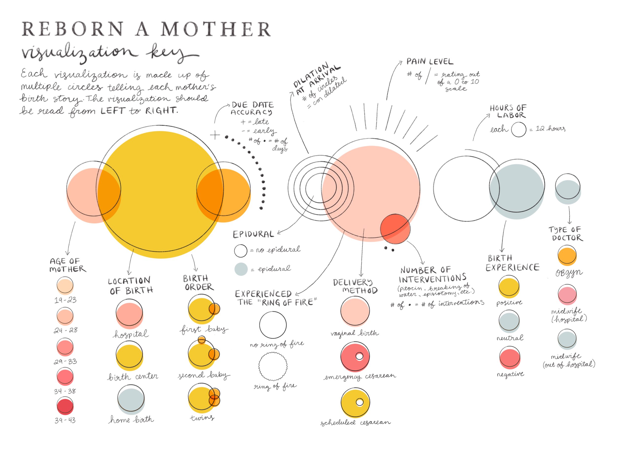 3_VizKey Data visualization showing birth experiences using colorful circles to represent mother's age, location, pain levels, and labor hours.