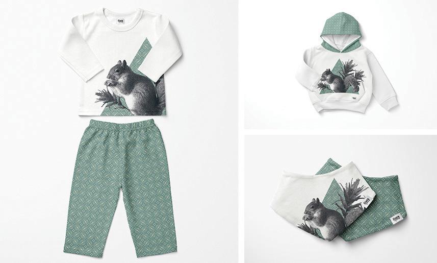 4_FloraFarrow Children's squirrel print clothing set with white tops, green patterned pants, and matching hoodie displayed flat