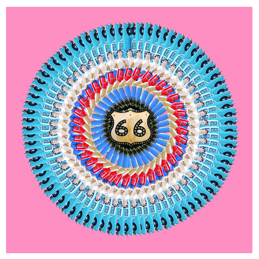 Demarais66photomonage3 Circular mandala art made from repeated product packages in blue, red, white rings with number 66 center on pink background