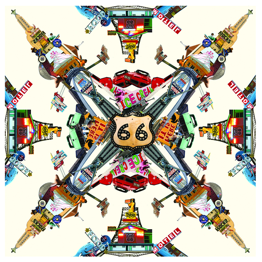 Demarais66photomontage2 Colorful kaleidoscope art made from vintage toy cars and Route 66 memorabilia in symmetrical pattern with number 66 center