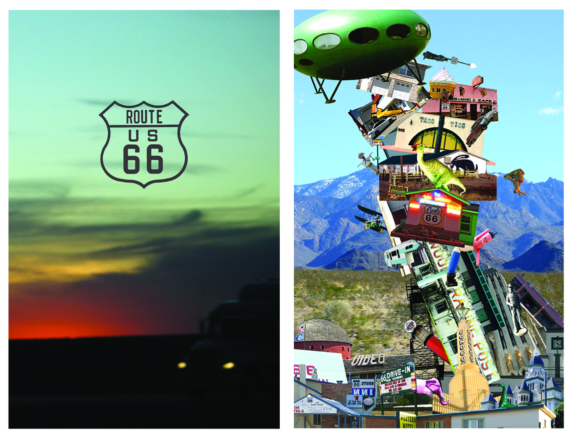 Demarais66photomontage5 Route 66 sign with surreal collage of stacked diners, UFO, and roadside attractions in desert landscape