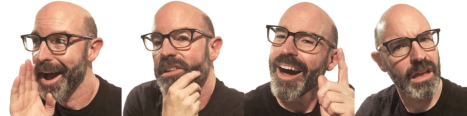 Demaraisselfies Bald man with glasses and beard showing four different facial expressions and hand gestures in sequence