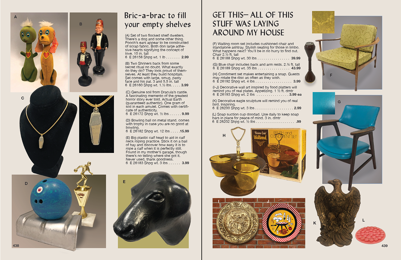 Demaraiszine2 Vintage catalog page showing novelty items including toys, decorative objects, furniture and collectibles for sale