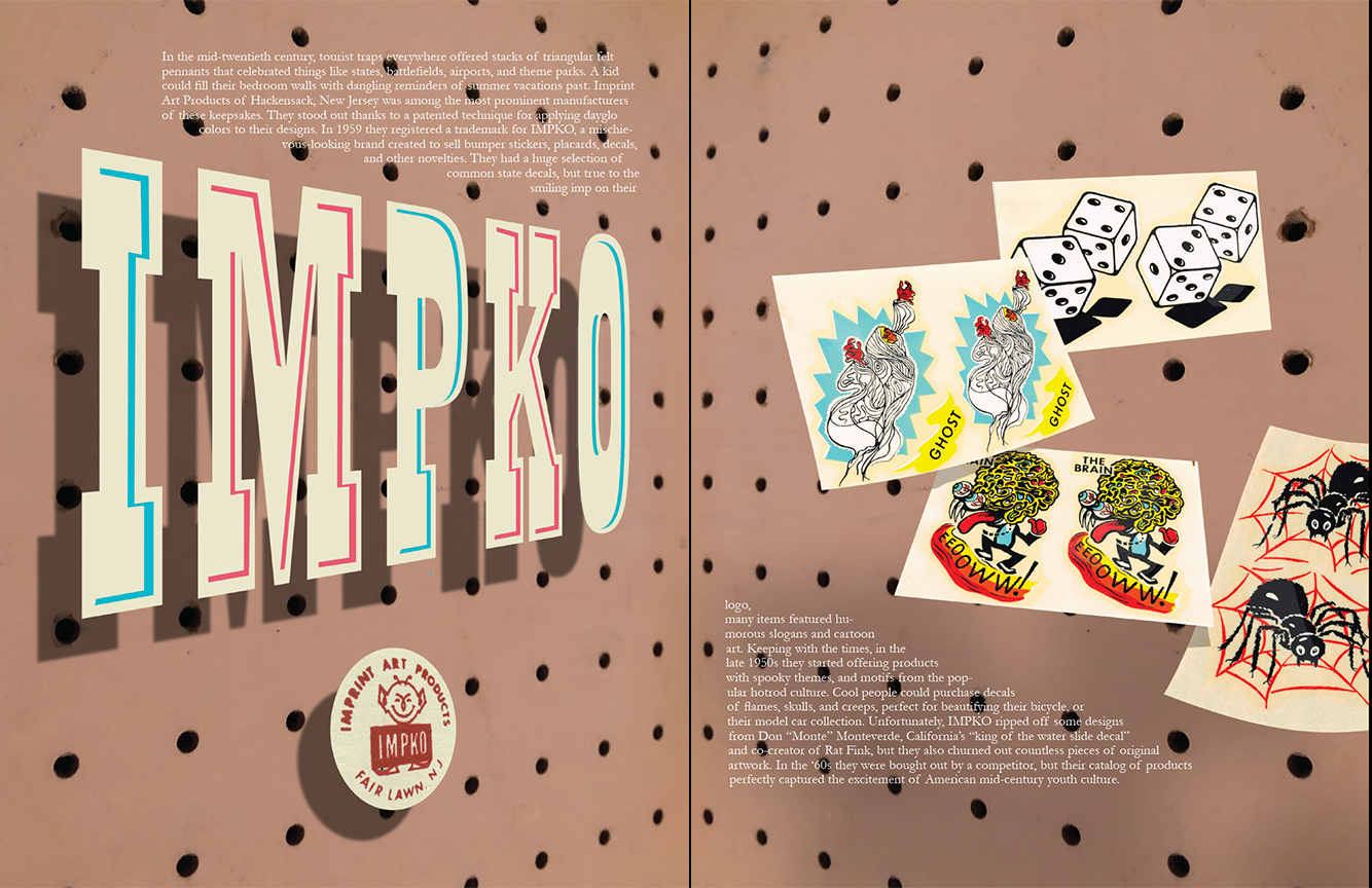 Demaraiszine3 IMPKO vintage decals and stickers display including dice, playing cards, and cartoon character designs from mid-century era
