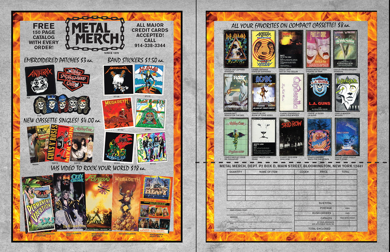 Demaraiszine5 Metal Merch catalog pages showing heavy metal band patches, stickers, cassettes and VHS videos with order form