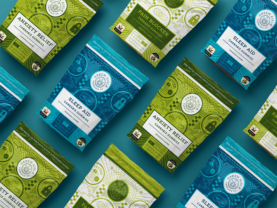Green Aisle Cannabis-1 Green Goddess cannabis gummies packaging design featuring Sleep Aid, Anxiety Relief, and Pain Blocker products in green and blue.