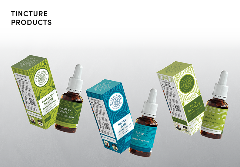 Green Aisle Cannabis-3 Three herbal tincture products with dropper bottles and packaging boxes for anxiety relief, sleep aid, and pain relief