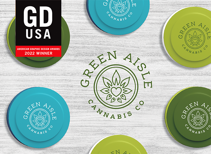 Green Aisle Cannabis Green Aisle Cannabis Co. logo design featuring colorful circular badges - 2022 American Graphic Design Awards winner