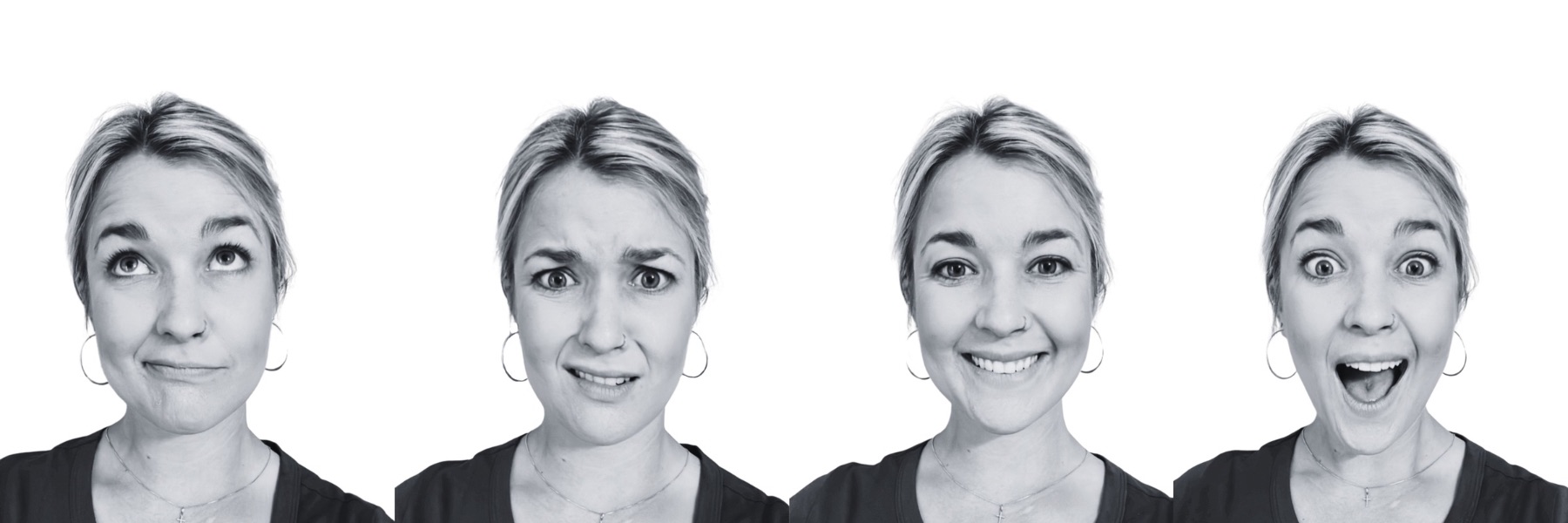 IMG_0853 Four portraits of blonde woman showing different facial expressions from neutral to surprised in black and white