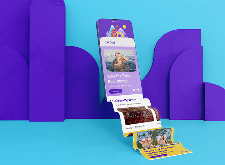 Joyscout-1 Scout app on smartphone displaying Take the Polar Bear Plunge challenge with printed activity cards below