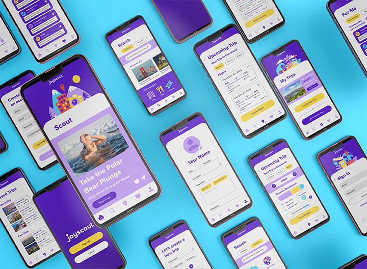 Joyscout-2 Mobile app UI design mockups showing purple and white interface screens for a travel booking application called Scout