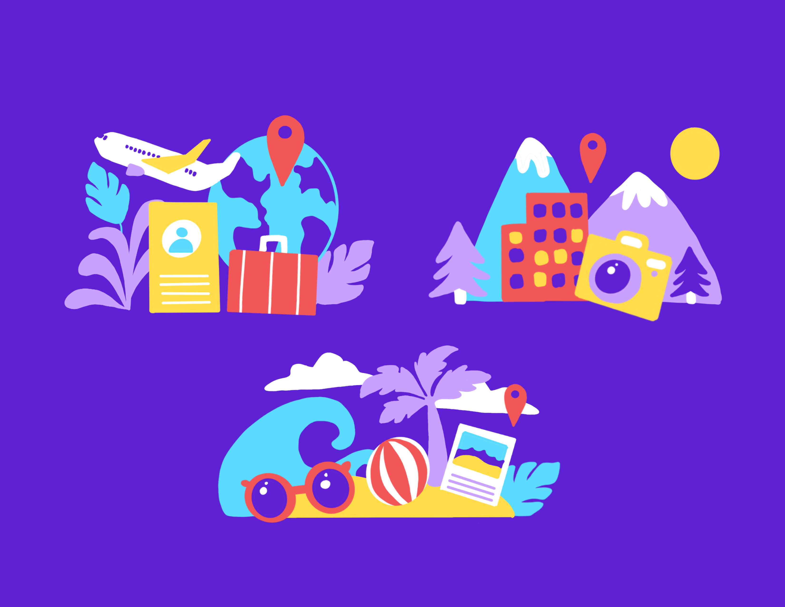 Joyscout-3 Travel and tourism illustration featuring airplane, globe, mountains, camera, and beach vacation elements on purple background