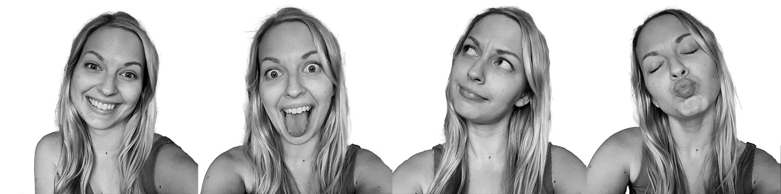 Kate Four black and white photos of a blonde woman making different facial expressions in a photo booth style sequence