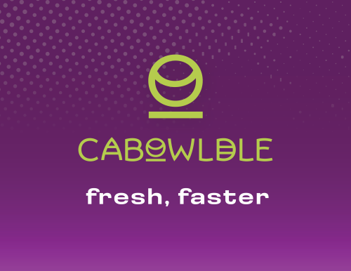 Logo Hero Page Cabowlble logo in green on purple dotted background with tagline fresh, faster - healthy food delivery service branding