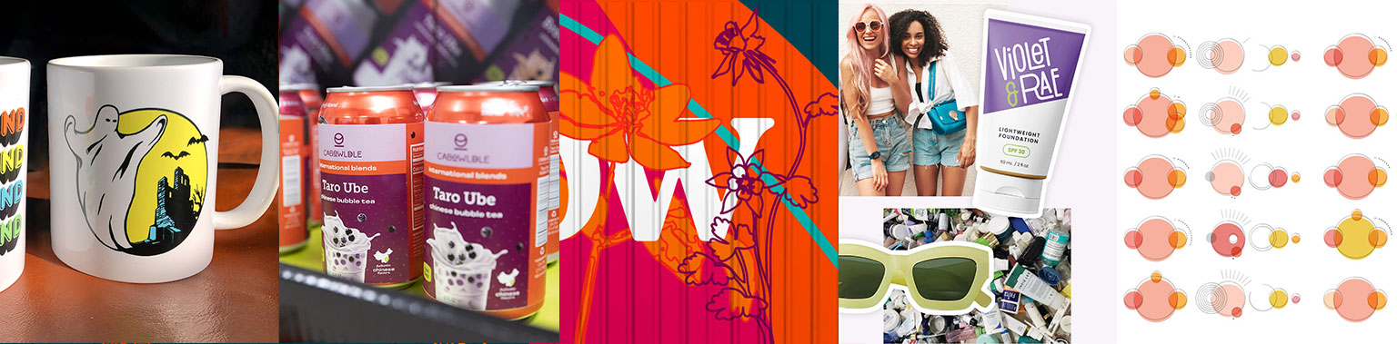 MFA2024 Collage of lifestyle products including Halloween mug, taro bubble tea, colorful floral art, sunglasses, and makeup palette