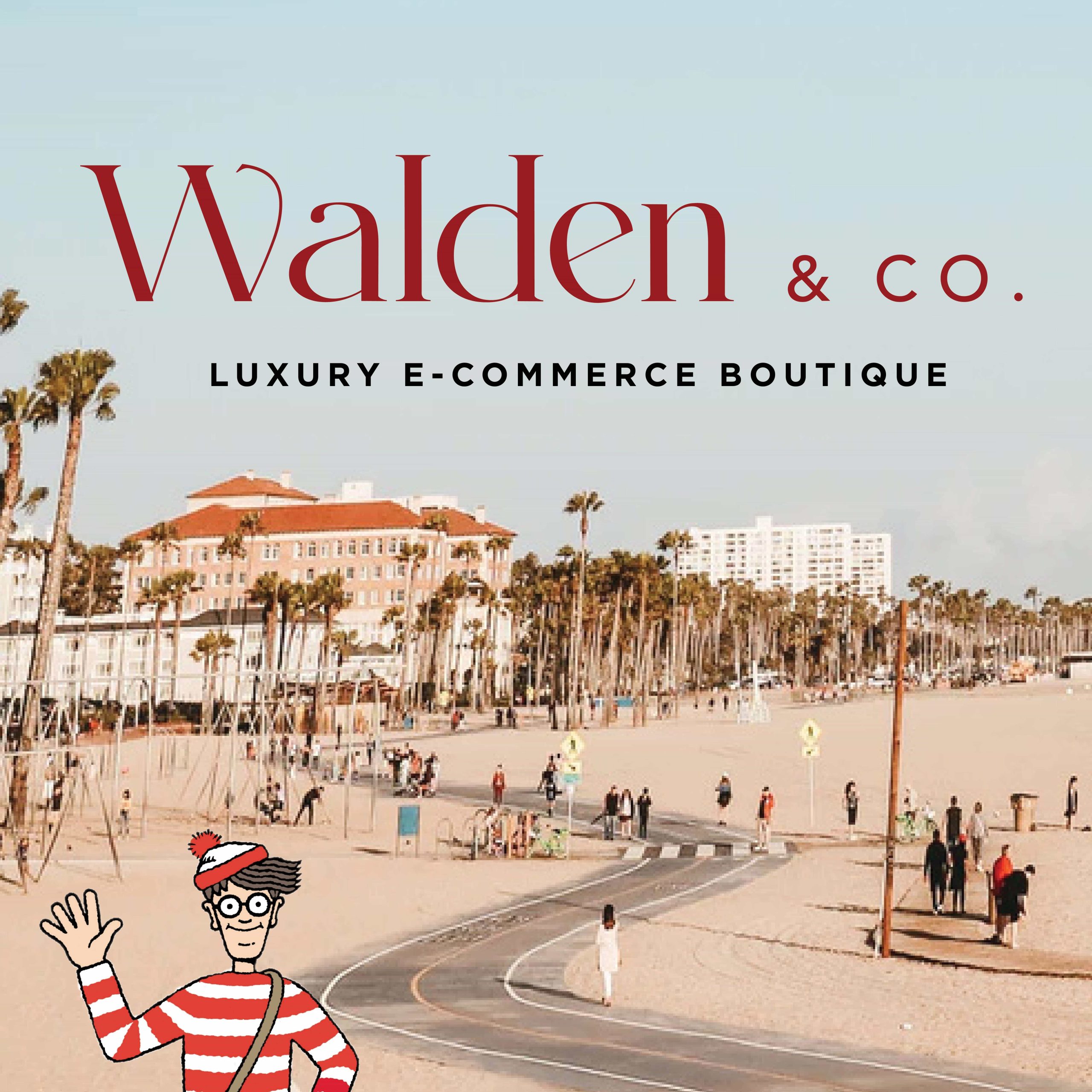 NPowlina-Walden_01 Walden & Co luxury e-commerce boutique logo over Santa Monica beach boardwalk with palm trees and Where's Waldo character