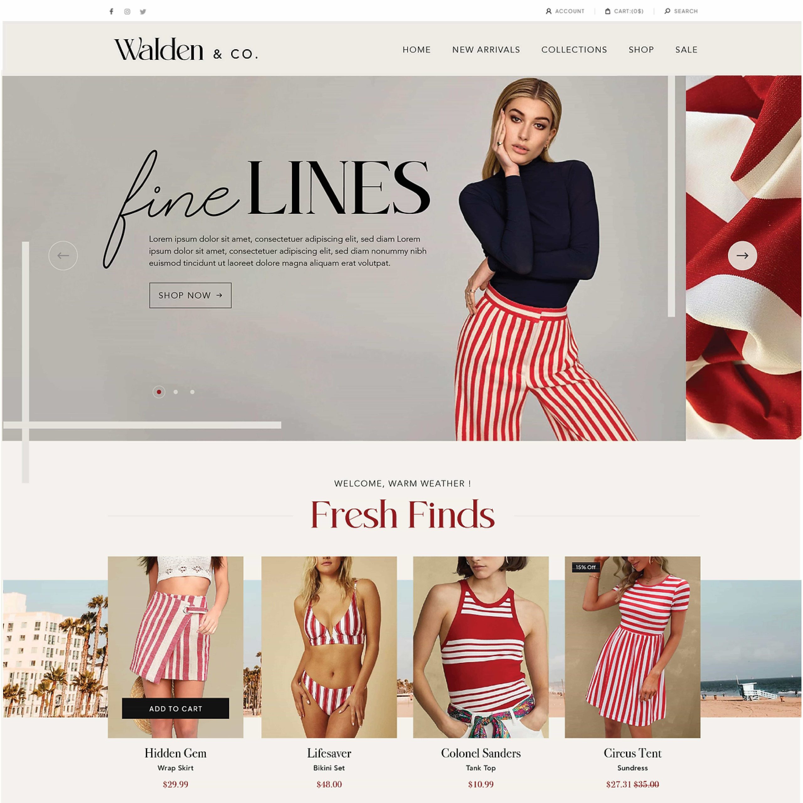 NPowlina-Walden_02 Walden & Co fashion website homepage featuring woman in navy sweater and red striped pants with fine LINES text overlay