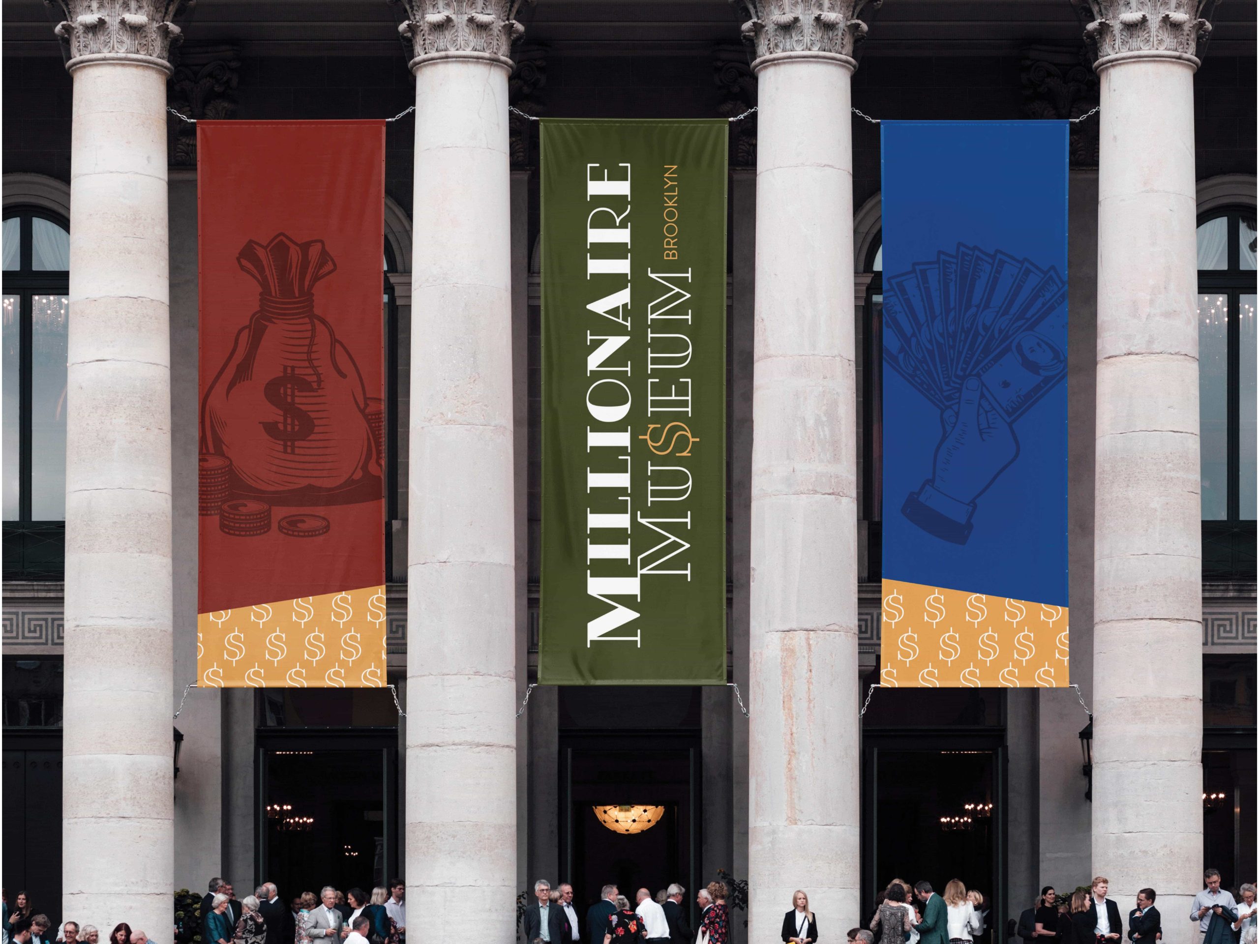 NPowlina_Millionaire_02 Brooklyn Museum exterior with large banners displaying Millionaire Museum exhibition featuring money bag and fan artwork