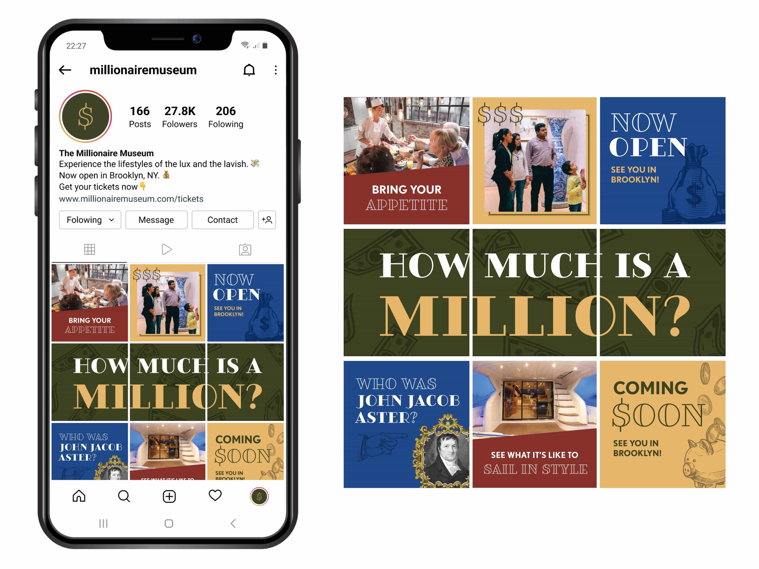 NPowlina_Millionaire_04 Millionaire Museum Instagram profile on mobile showing luxury lifestyle posts and Now Open in Brooklyn promotional content.