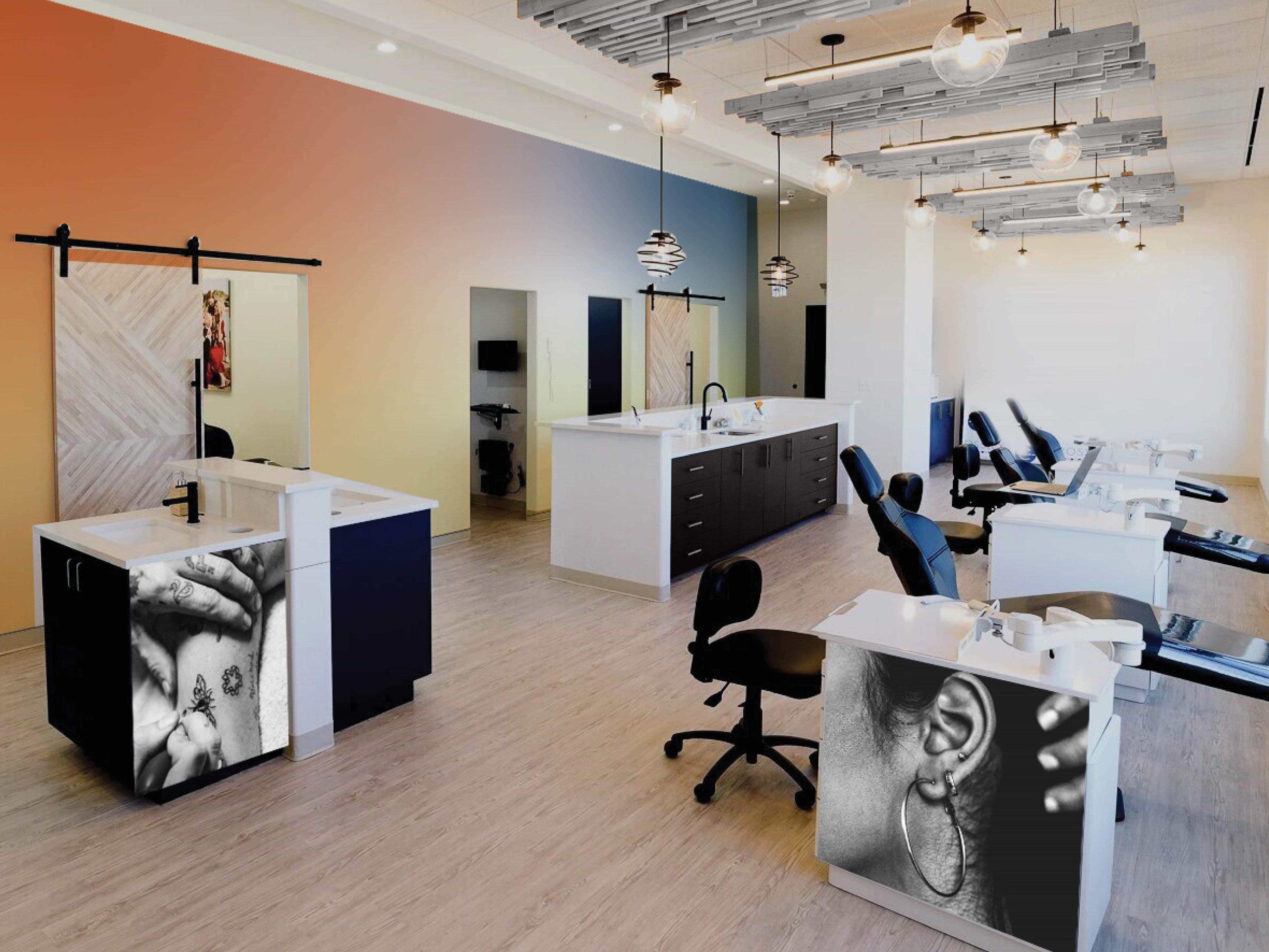 NPowlina_NYA_02 Modern tattoo parlor interior with multiple stations, pendant lighting, barn door, and contemporary design elements.