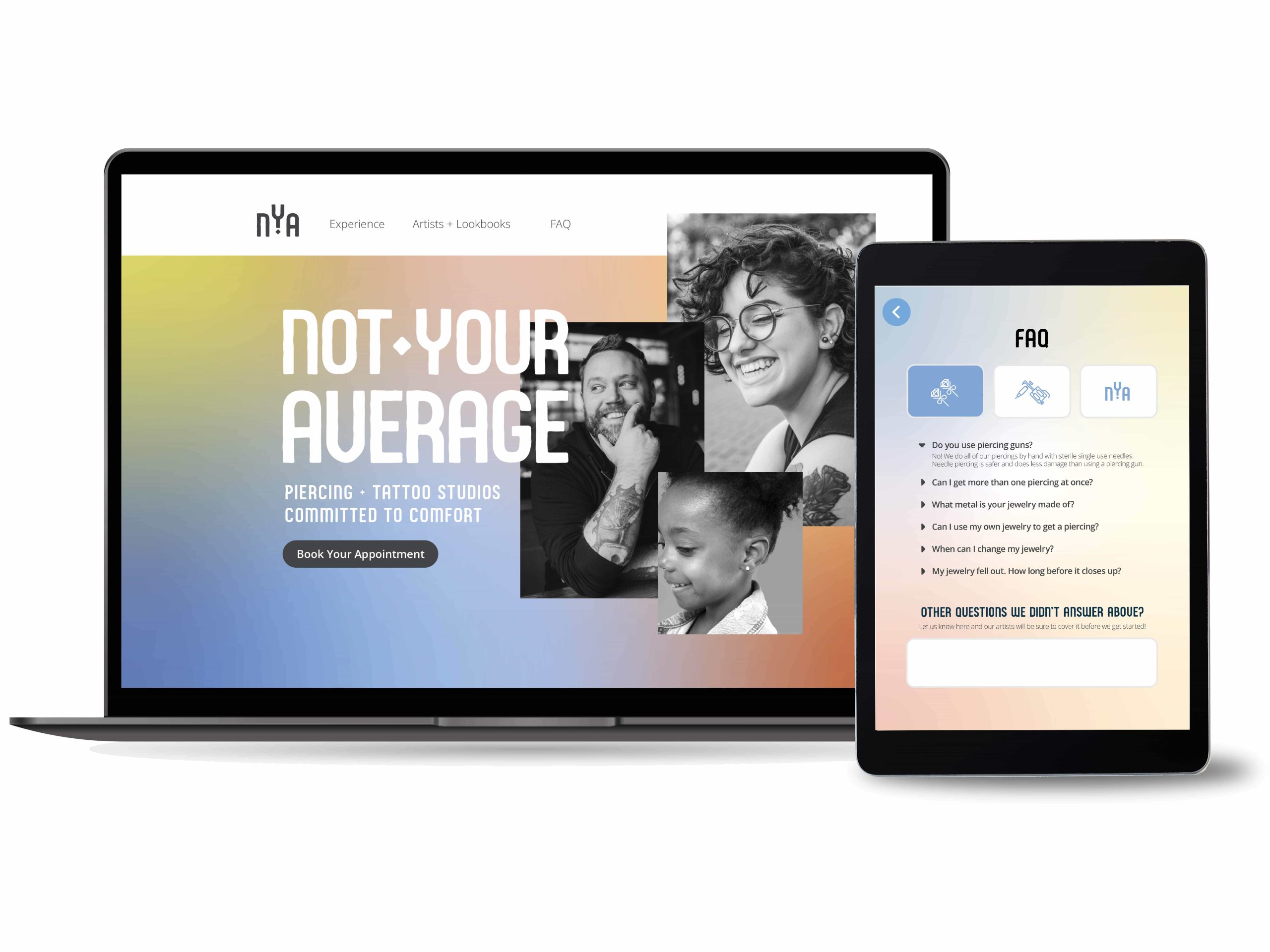 NPowlina_NYA_03 NYA piercing and tattoo studio website shown on laptop and tablet with colorful gradient design and smiling clients