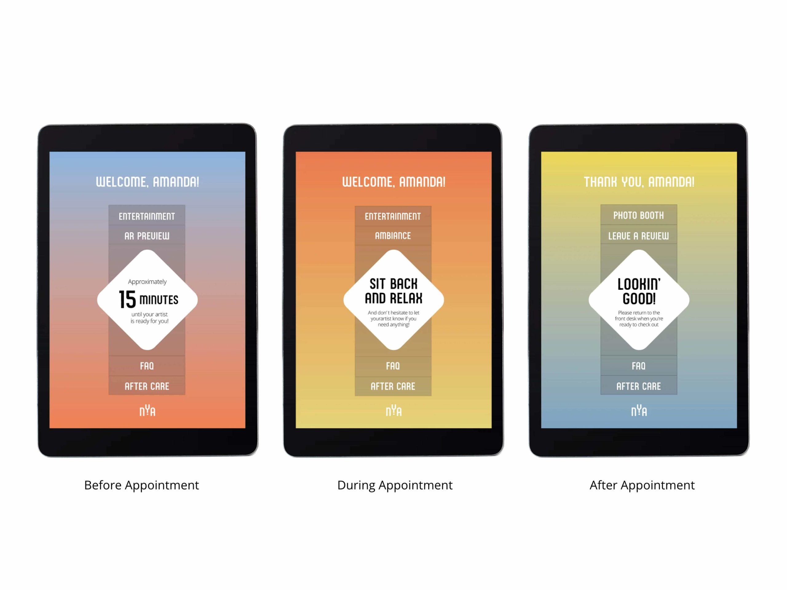 NPowlina_NYA_04 Three tablet screens showing appointment stages: welcome with 15-minute wait, sit back and relax, and thank you message.