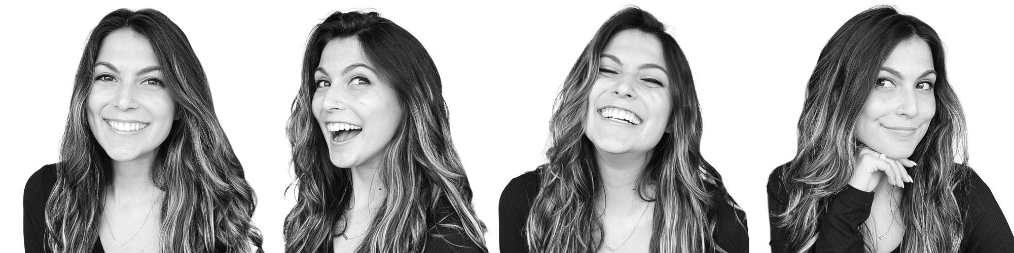 NicolePowlina-BW-(2) Four black and white portrait photos of a smiling woman with long wavy hair showing different cheerful expressions