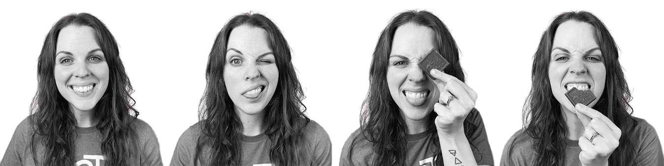 Schock_Headshots Woman in four poses showing different expressions while holding and eating chocolate pieces, black and white photo