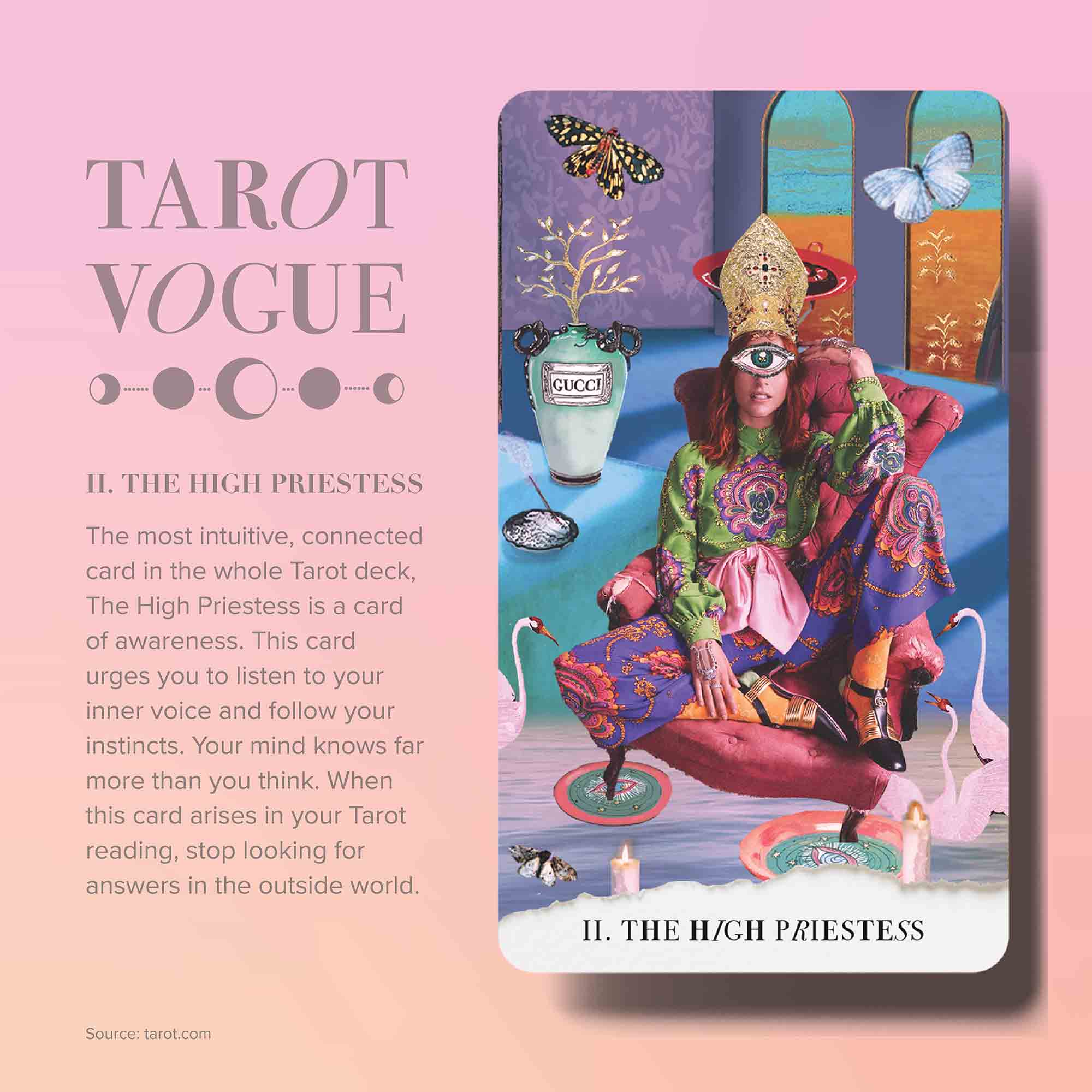 Tarot-Vogue-1 Tarot Vogue High Priestess card featuring colorful artistic imagery with intuition and awareness symbolism explained