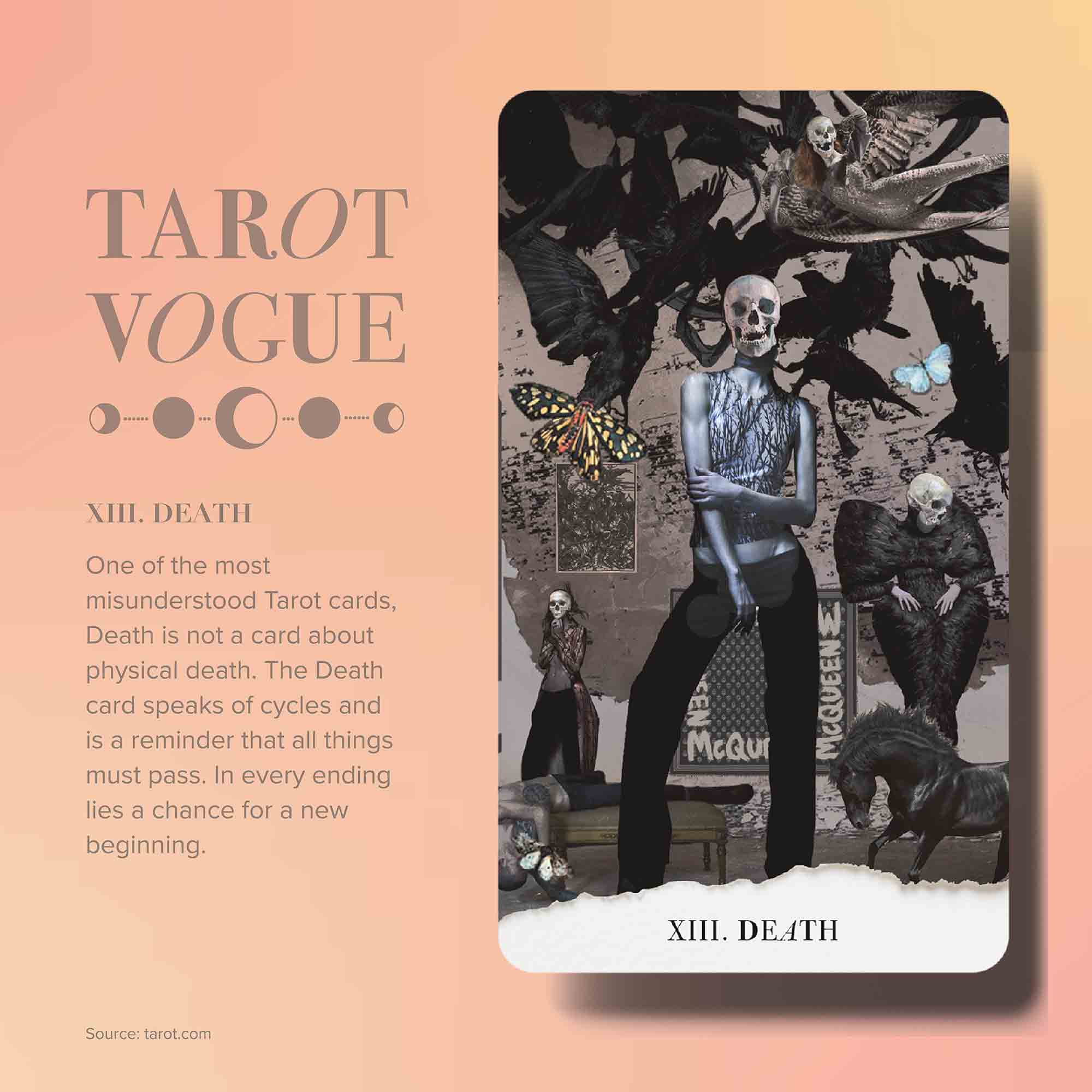 Tarot-Vogue-2 Tarot Vogue Death card XIII featuring gothic imagery with skulls, ravens, and butterfly symbolizing transformation and new beginnings