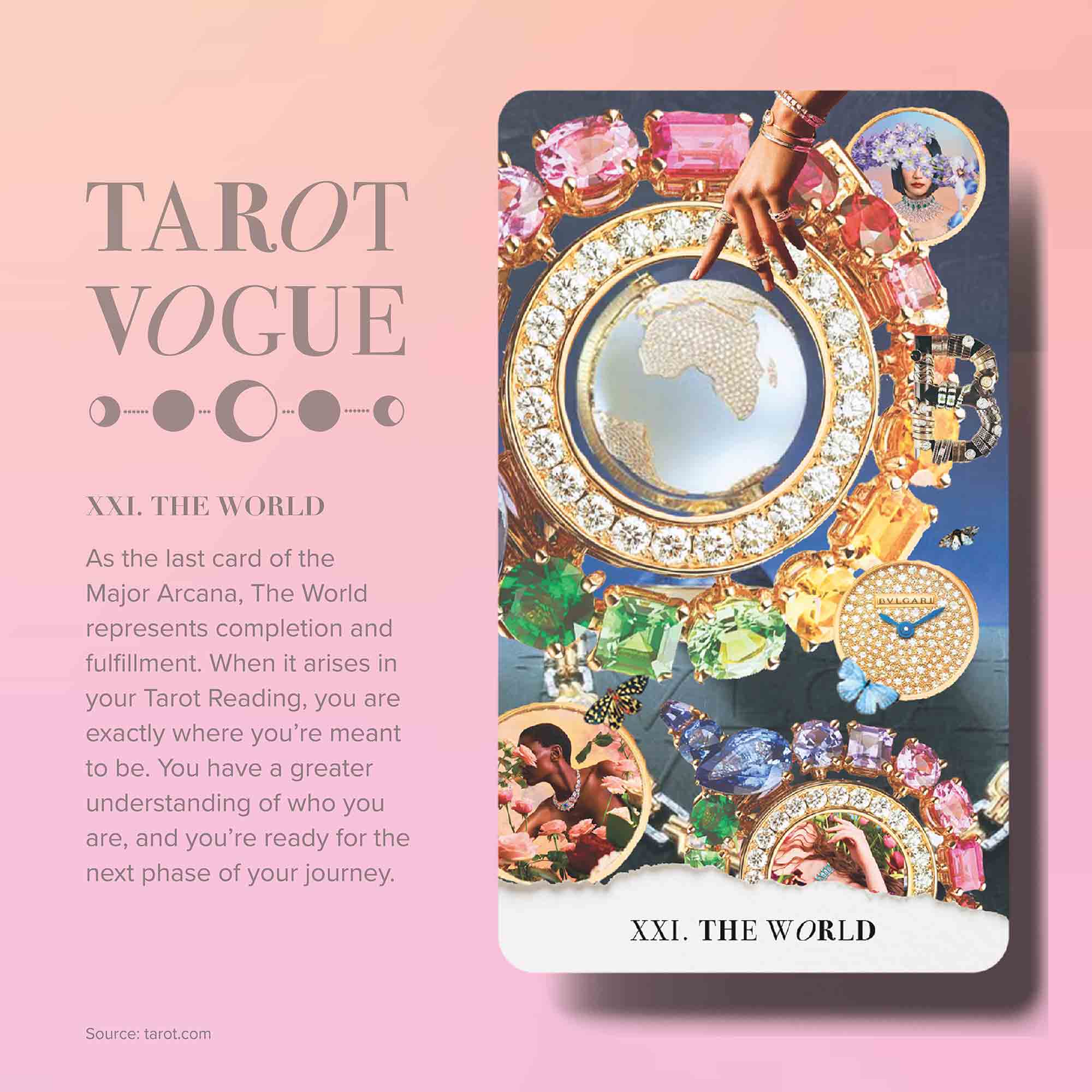 Tarot-Vogue-3 Tarot Vogue XXI The World card with luxury jewelry, gems, and ornate decorative elements on pink background