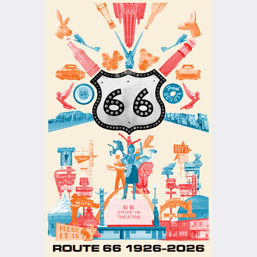 kirk Route 66 centennial commemorative poster featuring vintage Americana icons, neon signs, and classic roadside attractions 1926-2026