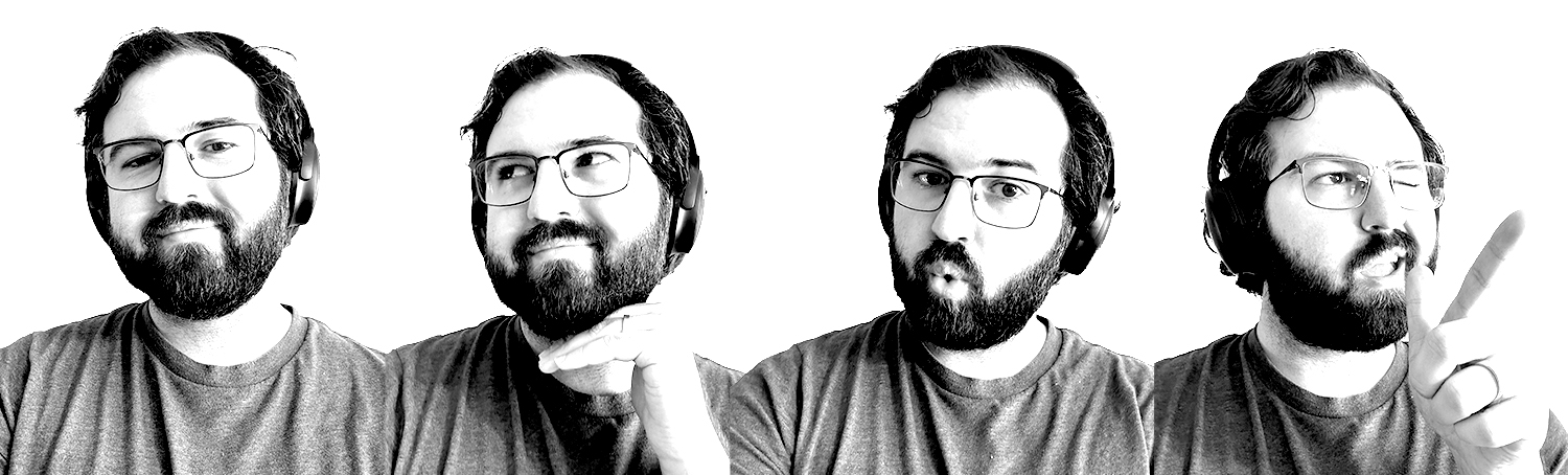 1 - a series of selfies Four sequential portrait shots of the same bearded man with glasses in a gray t-shirt showing different expressions