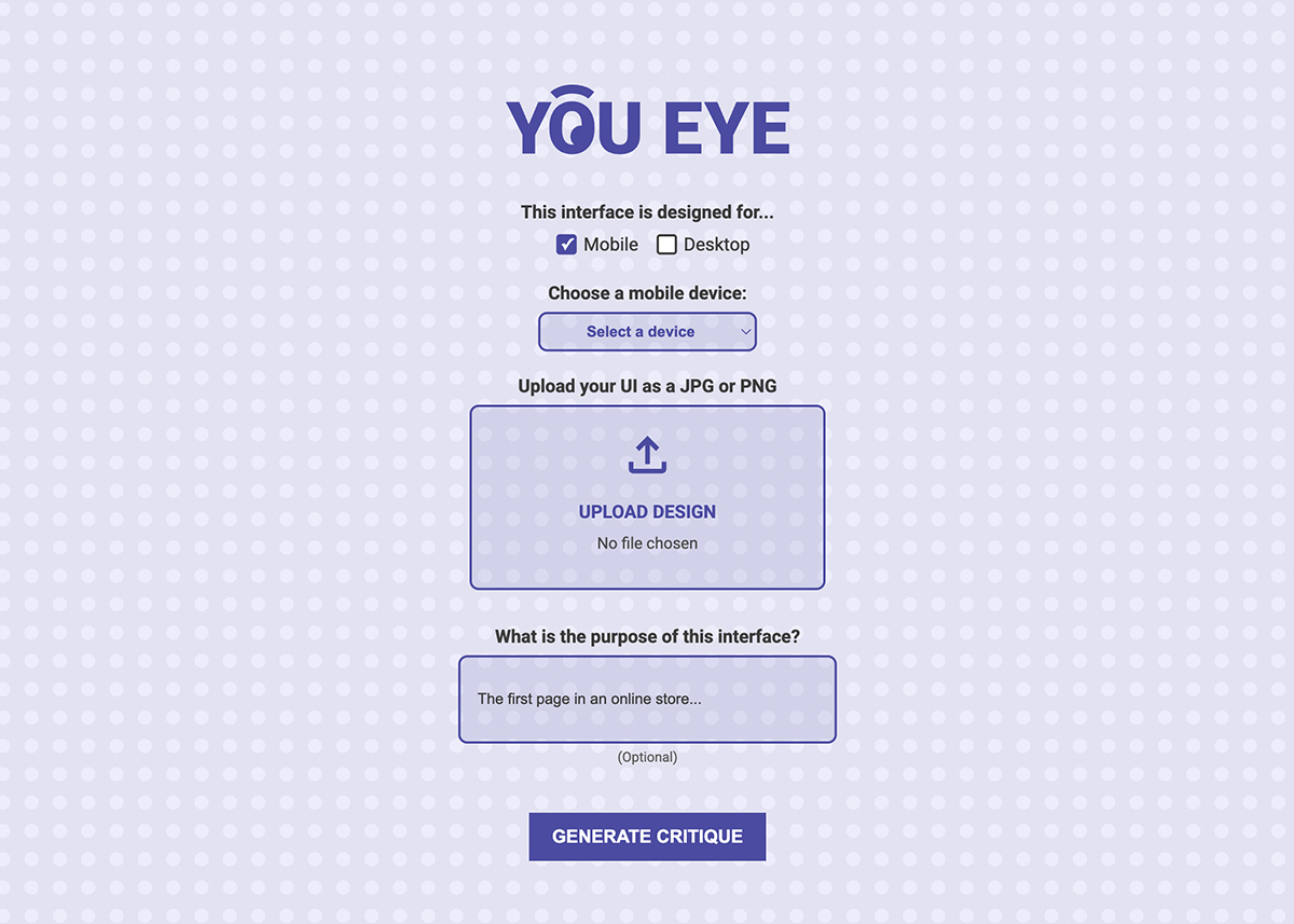 Screenshot You Eye interface form with mobile/desktop options, device selector, file upload area, and purpose description field