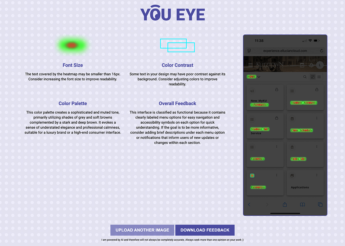 Screenshot YouEye UI analysis tool showing mobile interface with font size, color contrast, and accessibility feedback recommendations.