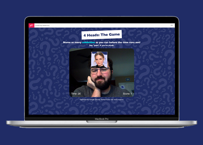 Screenshot MacBook Pro displaying 4 Heads: The Game browser game with celebrity guessing challenge and timer countdown interface