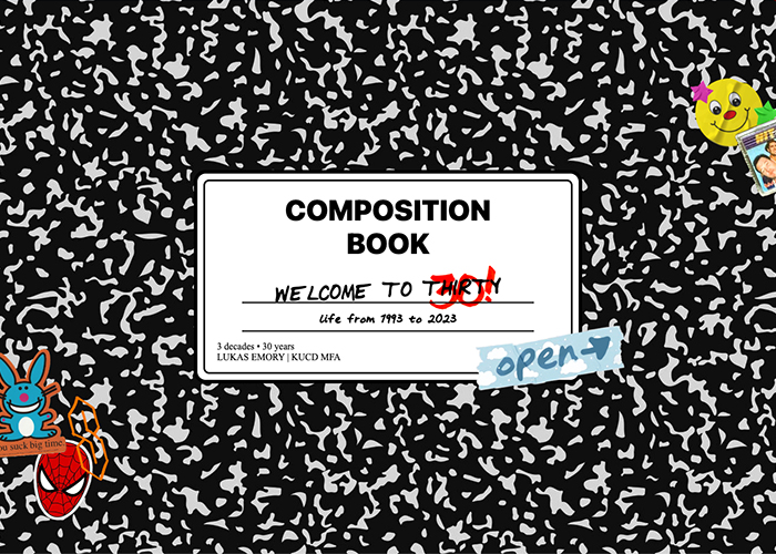 Screenshot Composition book cover with black and white speckled pattern, Welcome to TAKEOVER life from 1995 to 2023 label and stickers