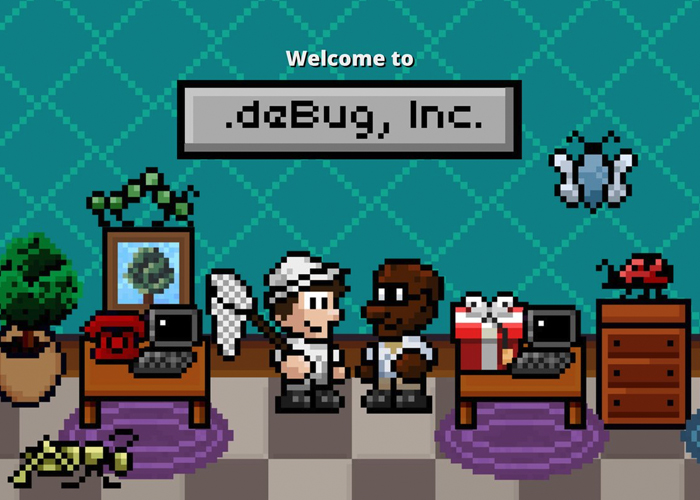 Screenshot Pixel art office scene showing .dzBug, Inc. welcome sign with cartoon employees at desks with computers and office decor