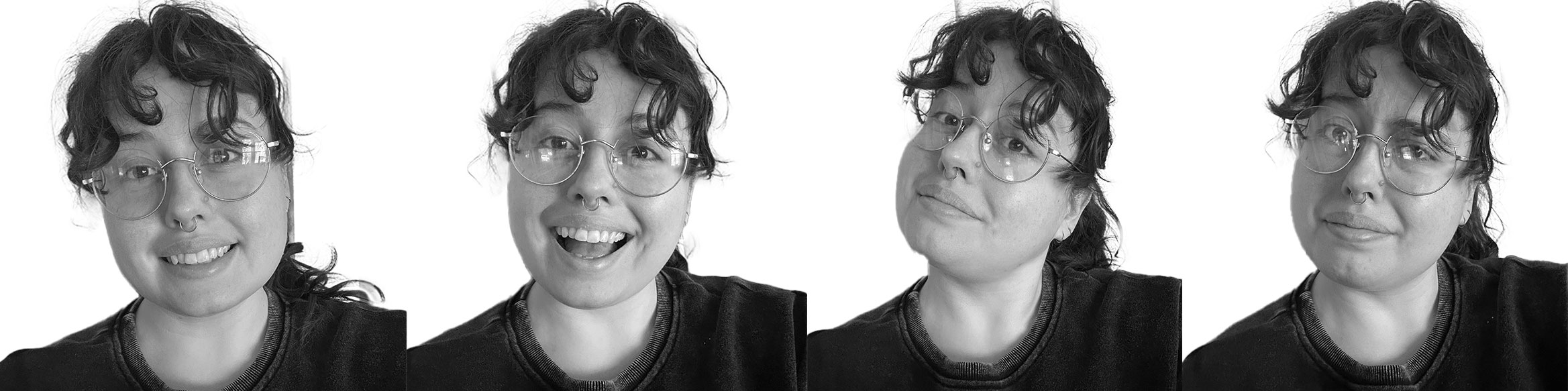 Emily-R Four black and white portrait photos of person with curly hair and round glasses showing different facial expressions
