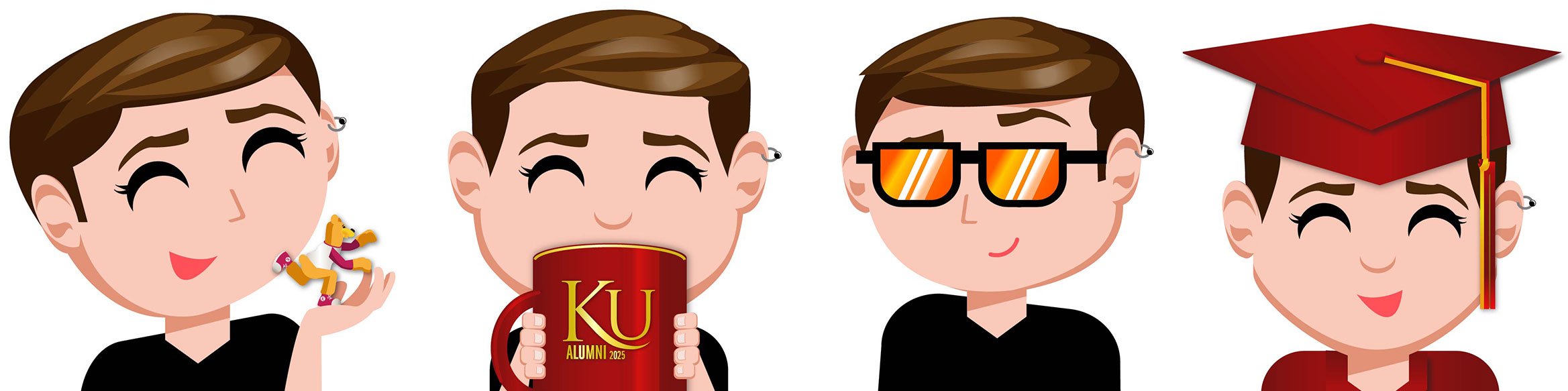Lisa-W Four cartoon characters with brown hair showing different expressions - one eating, one with KU alumni mug, one with sunglasses, one graduate