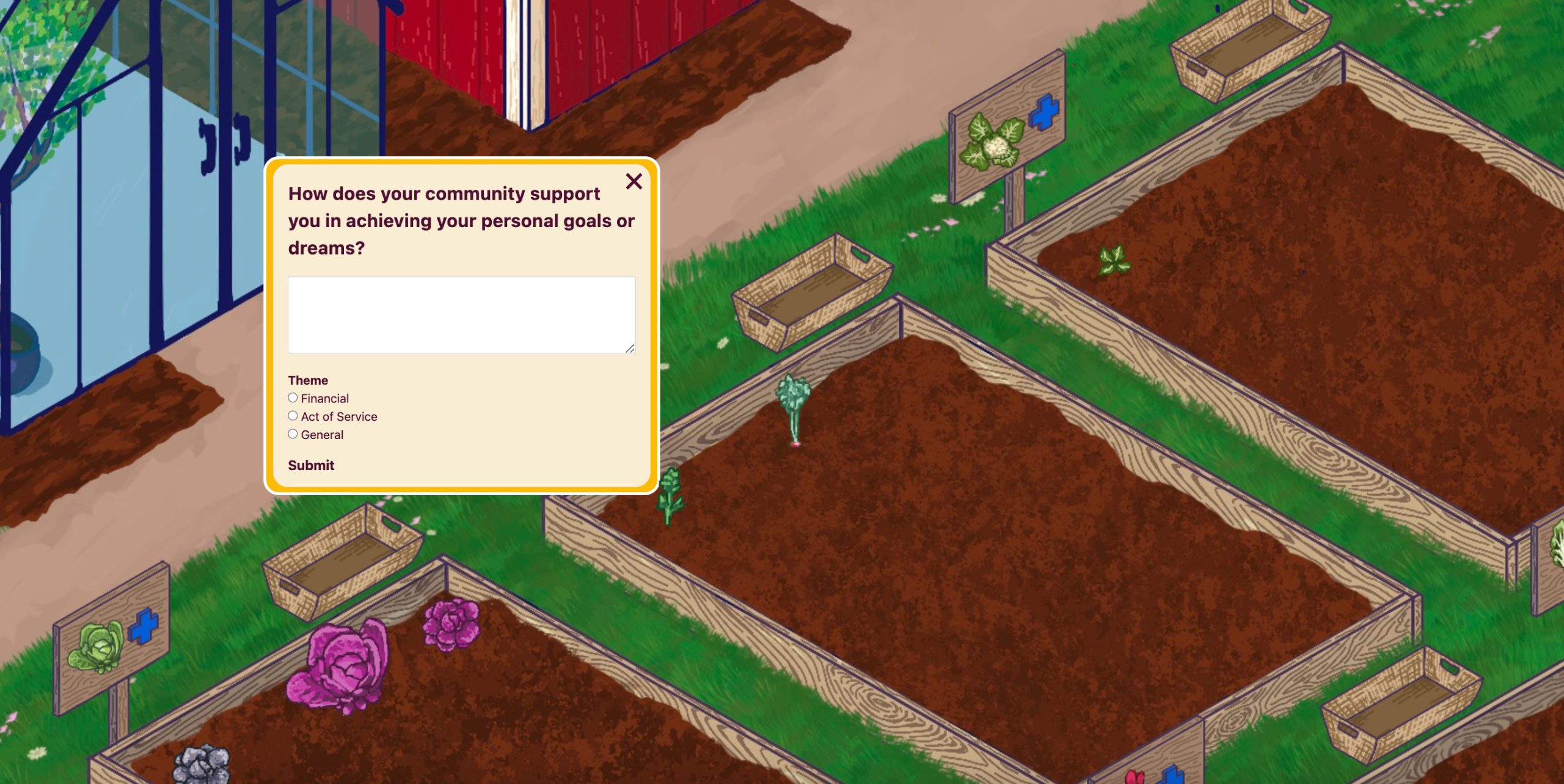 Thesis1 Survey popup in farming game asking How does your community support you in achieving your personal goals or dreams?