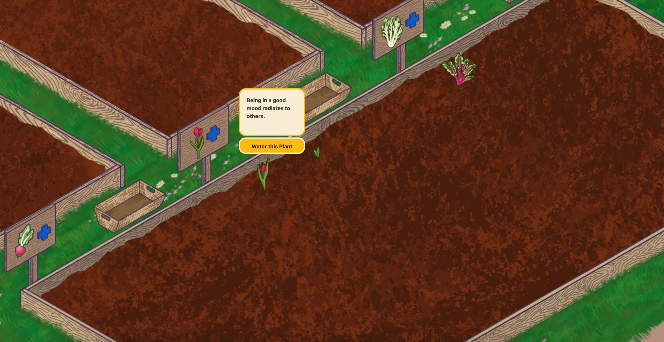 Thesis2 Isometric farming game showing garden plots with plants, watering interface, and Being in a good mood radiates to others message.